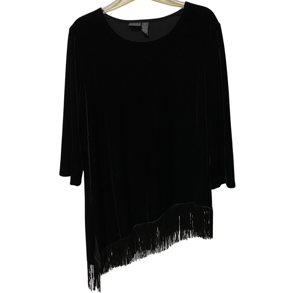 Chico's Travelers Collection Black Velvet Asymmetrical Fringe Tunic Top L Boho